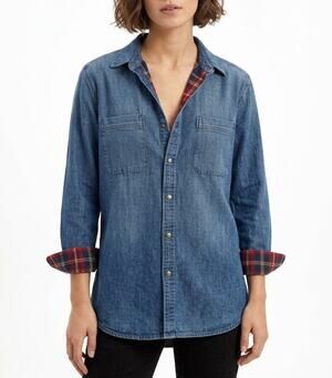 AMERICAN EAGLE Denim Flannel-Lined Oversized Fit Shirt Snap Button Blue Womens S